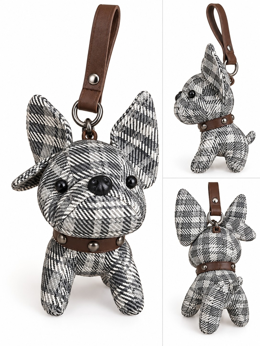 Plaid Dog Keychain Charm with Brown Leather Strap